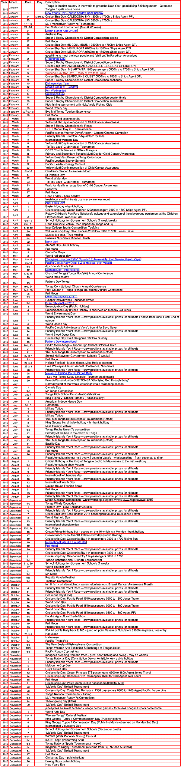 Tongan Event Calendar